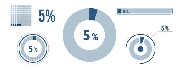 5 percent loading data icon set. Five circle diagram, pie donut chart, progress bar. 5% percentage infographic. Vector concept collection, blue color. - Vector, Imagen