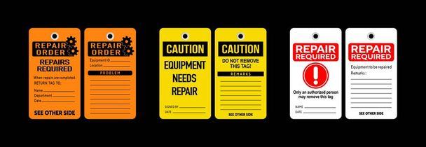 Equipment repair tag vector illustrations. front and back templates of three different designs. Isolated on black background. - Vector, Imagen