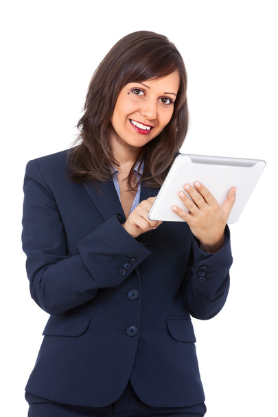 Businesswoman with tablet on white - Φωτογραφία, εικόνα