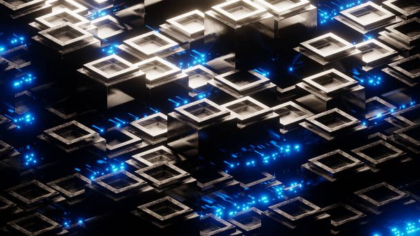 Big data concept. Gegevens die met blauw licht worden overgedragen tussen blokken Sci-Fi-blokjes in een microscopische schaal van de centrale processor. Computing abd blockchain conceptuele symbolen. - Foto, afbeelding
