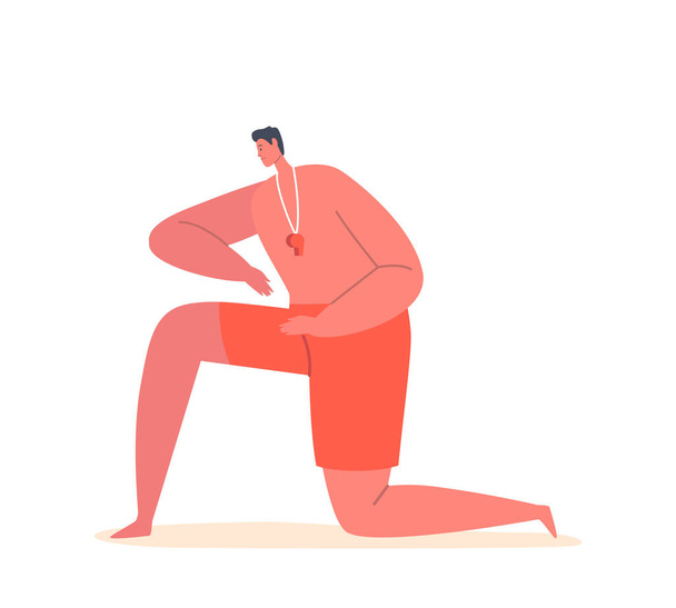 Персонаж Beach Lifeguard Мужской персонаж носить красные шорты и свисток висит на шее стоя на коленях изолированы на белом фоне. Спасатель на берегу моря. Вектор карикатурных людей - Вектор,изображение