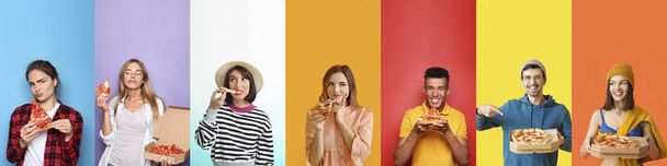 Κολάζ με διαφορετικούς ανθρώπους που τρώνε νόστιμη πίτσα στο φόντο χρώμα - Φωτογραφία, εικόνα