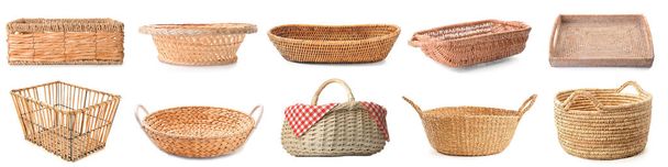 Collage of stylish rattan baskets on white background - Foto, Imagem