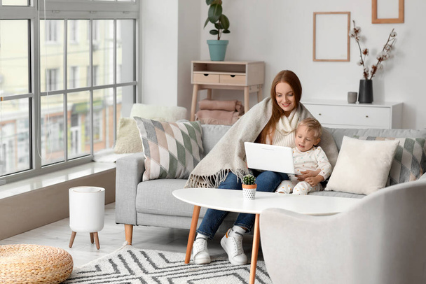 Beautiful woman with her little son and laptop sitting on grey sofa at home - Foto, Bild