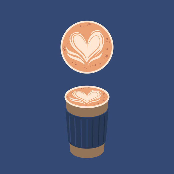 Filiżanka kawy z wzorem sztuki Heart Latte Top i widok z przodu Izolowane na niebieskim tle. Kreatywny design kawiarni lub kawiarni. Gorący napój z pianką w kształcie wektora Ilustracja, Ikona - Wektor, obraz
