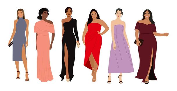 Set of diverse gorgeous girls wearing evening dress, formal gown for celebration, wedding, event, party. Pretty women different races and body types. Vector realistic illustration isolated on white. - Vector, imagen