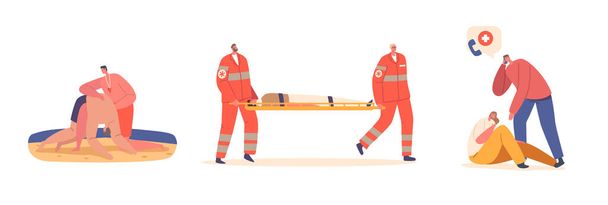Set Rescuers First Aid to Victims on Beach, Medics Carry Person on Stretchers, Male Character Calling to Emergency cause Woman Feel Bad on Street. Cartoon People Vector Illustration - Vector, Image