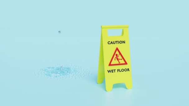 滑りやすい床や濡れた床は青の背景に隔離された湿った領域で注意してプラスチック標識。警告記号漏れ屋根3Dアニメーション. - 映像、動画