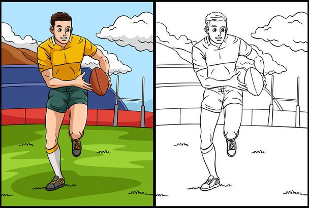 Diese Malseite zeigt ein Rugby. Eine Seite dieser Illustration ist farbig und dient Kindern als Inspiration. - Vektor, Bild