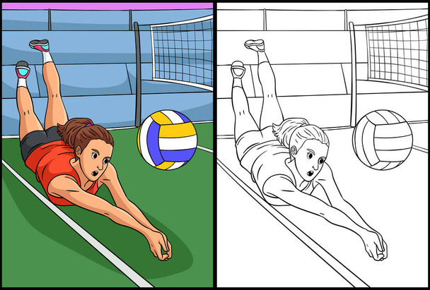 Diese Malseite zeigt einen Volleyball. Eine Seite dieser Illustration ist farbig und dient Kindern als Inspiration. - Vektor, Bild
