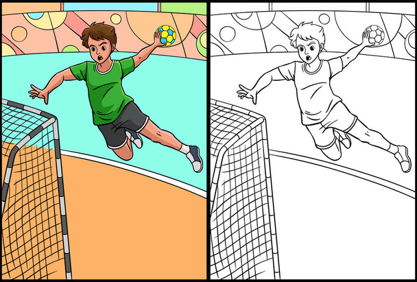 Diese Malseite zeigt einen Handball. Eine Seite dieser Illustration ist farbig und dient Kindern als Inspiration. - Vektor, Bild