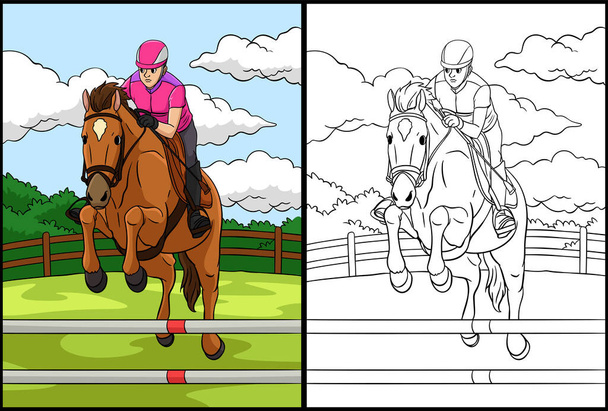This coloring page shows a Show of Jumping. One side of this illustration is colored and serves as an inspiration for children. - Vector, imagen