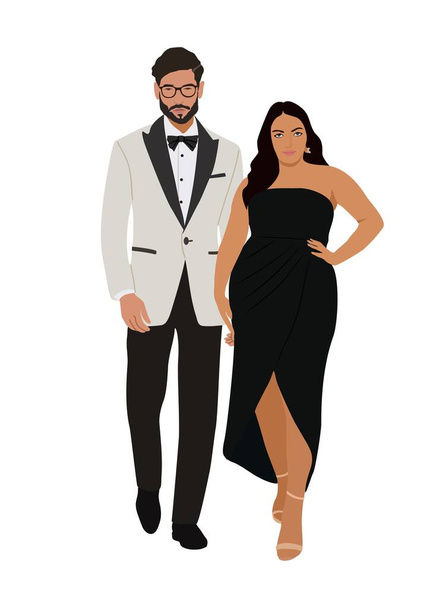 Nádherný pár ve večerním společenském oblečení na oslavu, svatbu, akci, párty. Šťastný muž a žena ve stylovém oblečení vektor realistické ilustrace izolované na bílém pozadí. - Vektor, obrázek