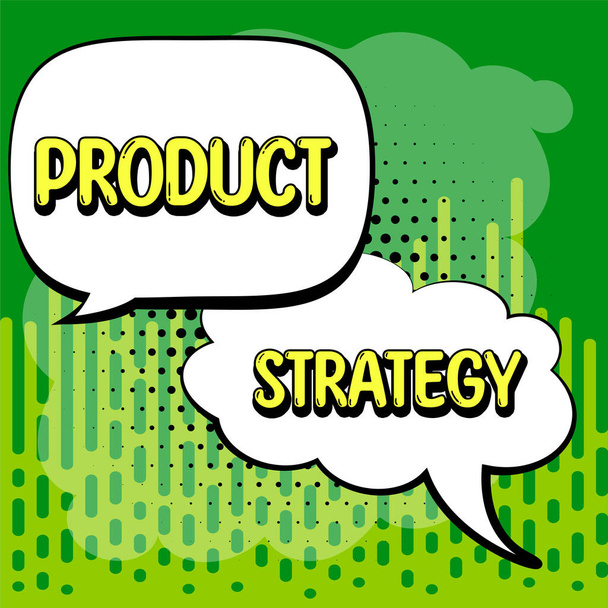 Τίτλος κειμένου που παρουσιάζει τη στρατηγική προϊόντων, λέξη για τη μακροπρόθεσμη ανάπτυξη σχεδίου της επιτυχούς παραγωγής προϊόντων - Φωτογραφία, εικόνα