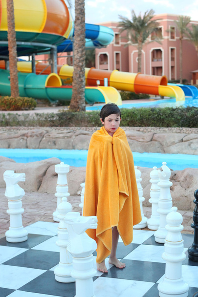preteen μικρό αγόρι στο ύπαιθρο υδάτινο πάρκο παιχνίδι σκάκι - Φωτογραφία, εικόνα