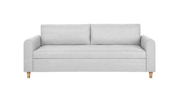 Белый тканевый диван на деревянных ножках изолирован на белом фоне с вырезкой дорожки. Серия мебели - Фото, изображение