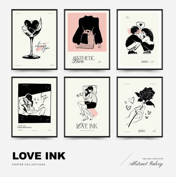 Modern Valentine's day vertical flyer or poster template set. Love hand drawn trendy illustration. - Vetor, Imagem