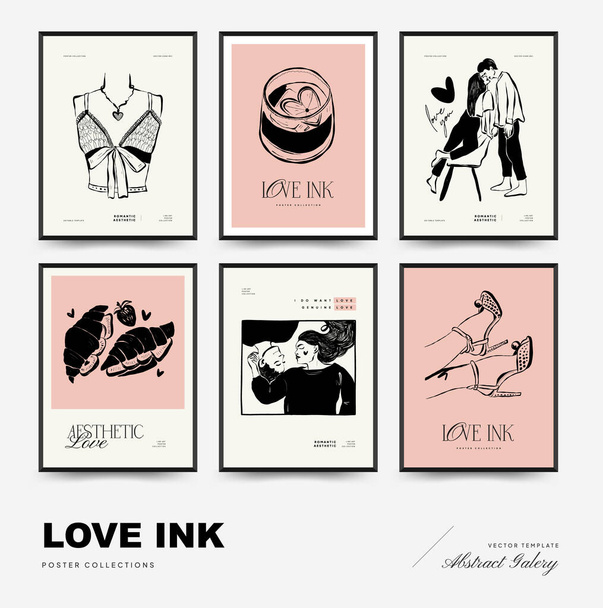 Modern Valentine's day vertical flyer or poster template set. Love hand drawn trendy illustration. - Vettoriali, immagini