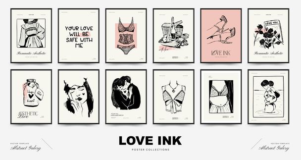 Modern Valentine's day vertical flyer or poster template set. Love hand drawn trendy illustration. - Vecteur, image