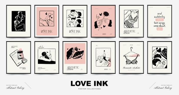 Modern Valentine's day vertical flyer or poster template set. Love hand drawn trendy illustration. - Vector, imagen