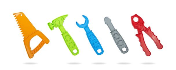 Toy repair tools isolated on white background. handsaw, hammer, wrench, screwdriver, hand pliers. - Foto, afbeelding