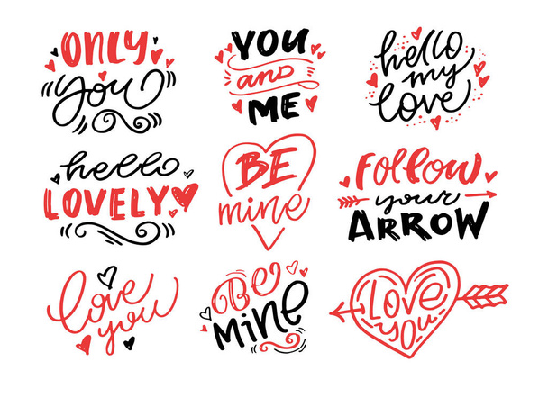 Miluju tvůj nápis, Šťastný Valentýn, Buď můj - psaním ručně kreslených dopisů. Design trička, otisk hrnečku, otisk balónu. Ručně kreslené nápisy pro šablonu Valentýna. Svatý Valentýn, leták. Romantické písmo - Vektor, obrázek