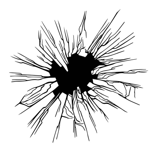 Broken glass effect with cracked black bullet hole with cracks. Vector illustration of isolated template design - Vetor, Imagem