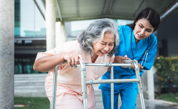 アジアの高齢女性患者は、歩行者を使用して理学療法の歩行訓練を行い、女性医師のサポートと偽のケアを持っています。医療や変形性関節症の概念に. - 写真・画像
