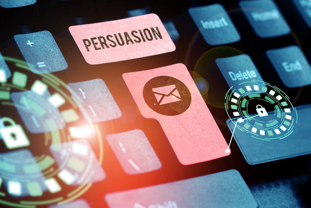 Tekstbord met Persuasion, Internet Concept de actie of het feit om iemand te overtuigen of te worden overgehaald om te doen - Foto, afbeelding