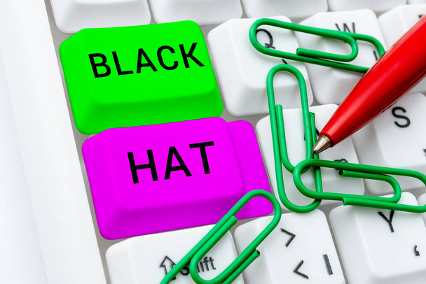 Текст почерка Black Hat, Word Written on used in reference to a bad person especially a villain or criminal - Фото, изображение