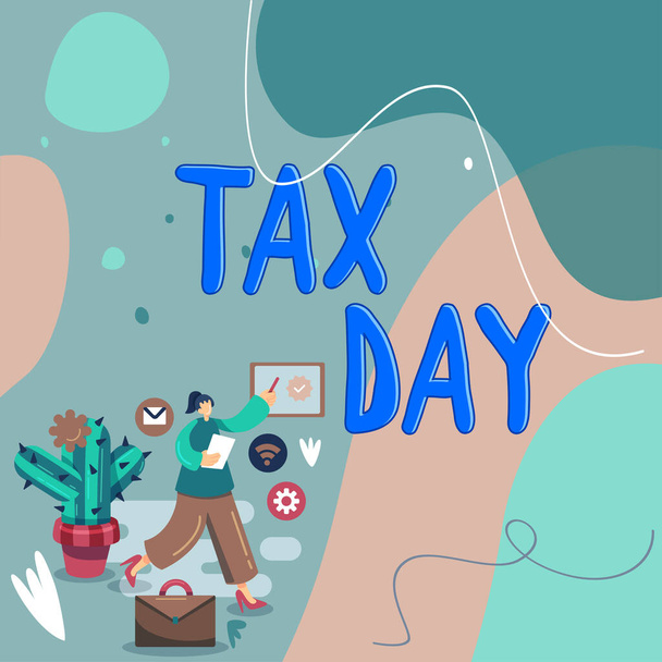 Affichage conceptuel Journée de l'impôt, Vitrine commerciale terme familier pour désigner le temps pendant lequel les déclarations de revenus des particuliers - Photo, image