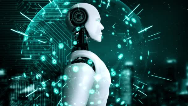 robô hominóide AI olhando para a tela do holograma mostrando conceito de comunicação analítica de rede 5G usando inteligência artificial pelo processo de aprendizado de máquina. Renderização 3D. - Filmagem, Vídeo