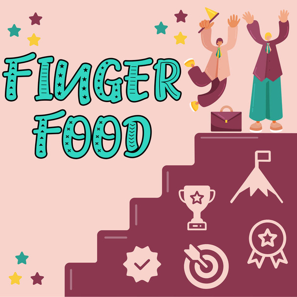 フィンガーフードを示すテキスト記号、食べるための指で保持される製品や食事のための単語 - 写真・画像