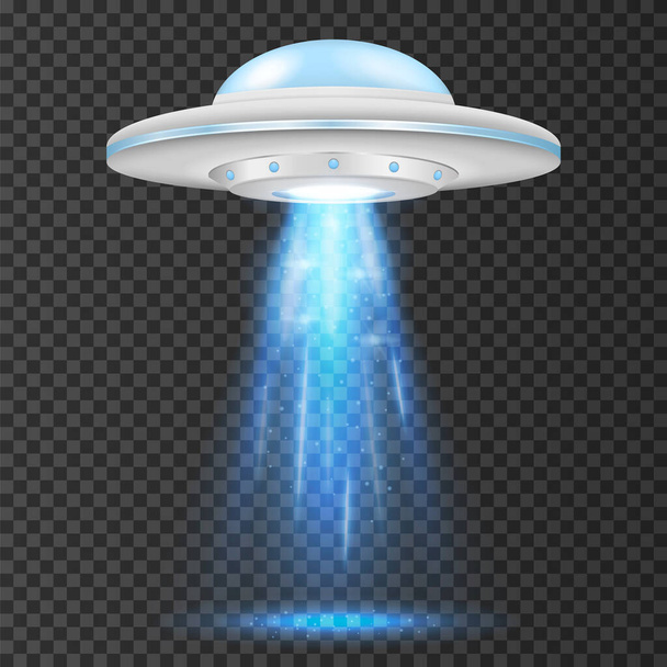 UFO - mavi ışıklı uzaylı uzay gemisi. Arka planda izole. Vektör çizimi. Eps 10. - Vektör, Görsel