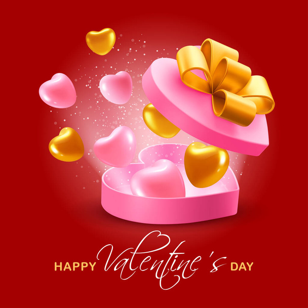 Happy Valentine's Day greeting background with pink and golden hearts flying out from a big heart shaped box with gold bow. 3d Realistic Vector illustration EPS10 - Vetor, Imagem