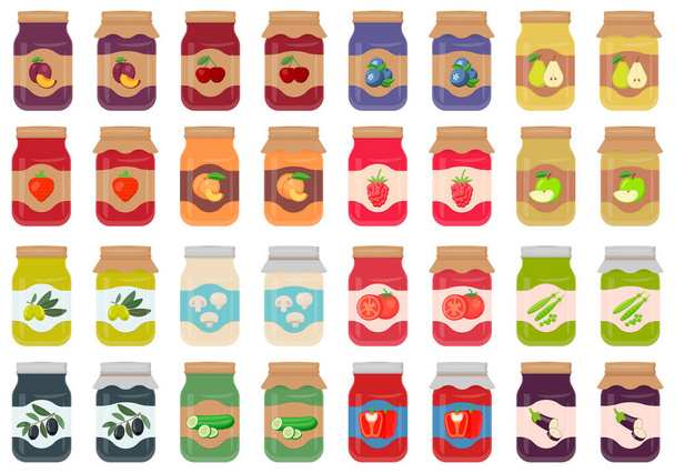 Glass jar with jam. Jars with labels fruit jam. Autumn harvesting and canning set. Jars with pickled and canned vegetables. Vector illustration. Eps 10. - Vetor, Imagem