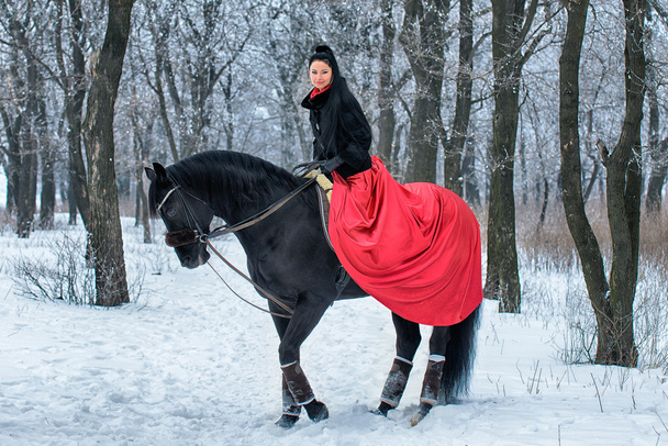 Дівчина в червоному на чорному коні взимку
 - Фото, зображення