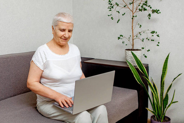 Пожилая женщина, использующая беспроводные приложения для ноутбука, просматривает интернет, улыбаясь бабушке средних лет, работающей удаленно на компьютере серфинга в Интернете чате онлайн - Фото, изображение