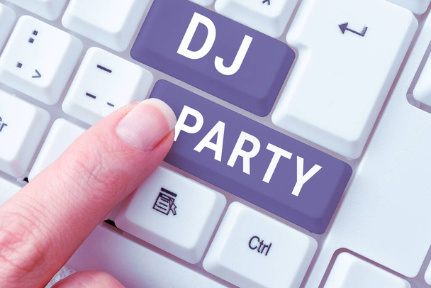 Text caption presenting Dj Party, Conceptual photo person who introduces and plays recorded popular music on radio - Foto, Imagem