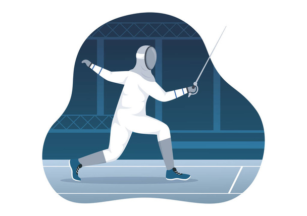 Fencing Player Sport Illustration with Fencer Fighting on Piste and Sword Duel Competition Event in Flat Cartoon Hand Drawn Templates - Wektor, obraz