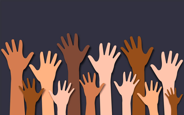 Multi-ethnic and Diverse Hands Raised Up. Charity, crowd, workforce, community concept. Vector illustration. Eps 10. - Vettoriali, immagini