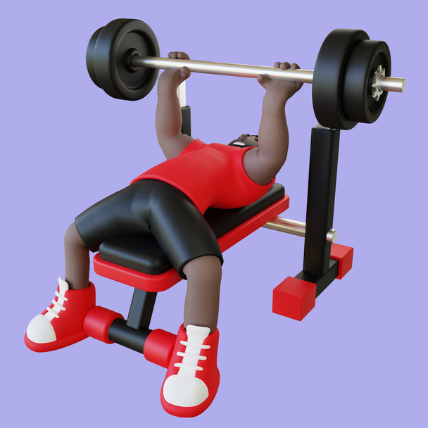 guy doing bench press exercise 3d illustration. strong guy doing upper body exercise 3d render on blue background - Photo, image