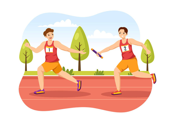 Relay Race Illustration by Passing the Baton to Teammates Until Reaching the Finish Line in a Sports Championship Flat Cartoon Hand Drawing Template - Vettoriali, immagini