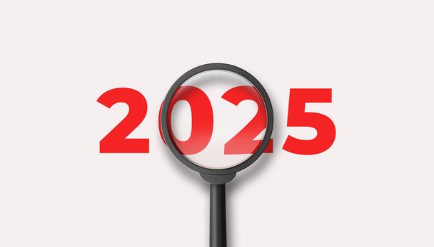 Magnifying glass magnifies the year 2025 on white background. Focusing on the year 2025 for business planning concept. 3D illustration. - Foto, afbeelding