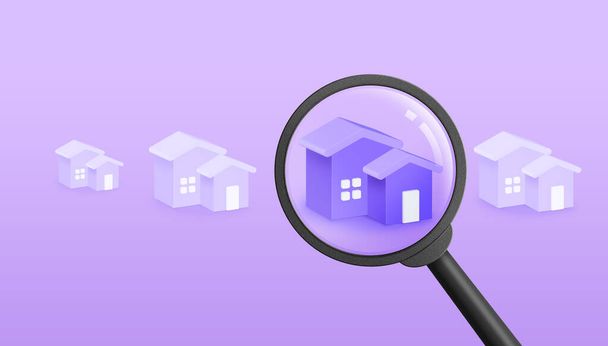 Magnifying glass with purple house. Hunting and searching concept. 3D illustration. - Fotoğraf, Görsel