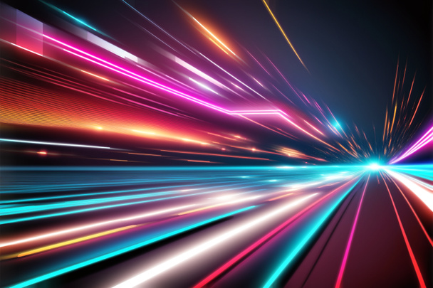 Speed motion on the neon glowing road at dark. Speed motion on the perspective road. Abstract colored light streaks acceleration. Perspective space gates. illustration. - Photo, image