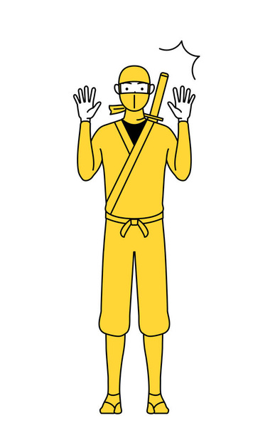 Een man verkleed als ninja steekt verrassend zijn hand op. - Vector, afbeelding