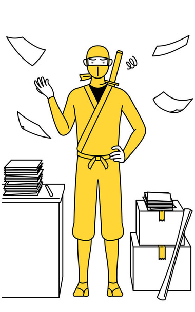 A man dressed up as a ninja who is fed up with his unorganized business. - Vector, imagen