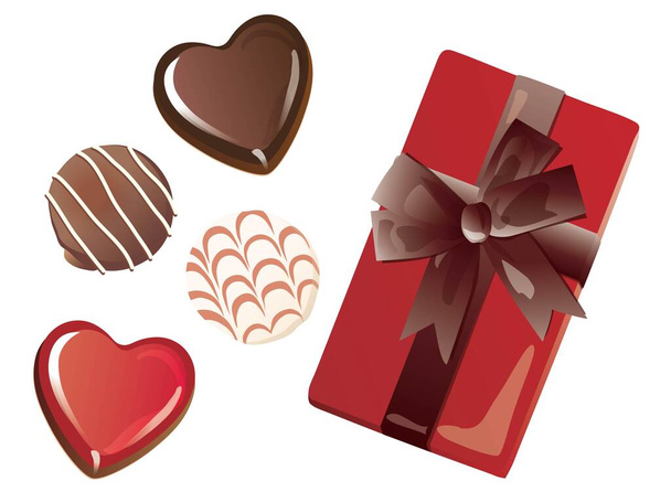 Sevgililer Günü için kalp çikolataları ve kurdeleli kırmızı kutu. - Vektör, Görsel