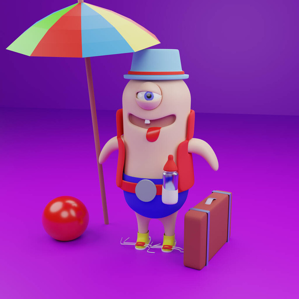 3D визуализация рисунка сказочного персонажа. Монстр на пляже с чемоданом и под зонтиком - Фото, изображение